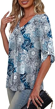 Womens Plus Size 3/4 Roll Sleeve Blouses V Neck Casual Tunic Tops