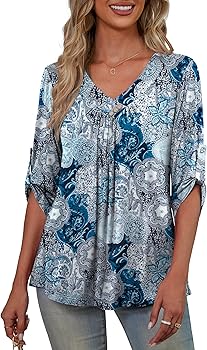 Womens Plus Size 3/4 Roll Sleeve Blouses V Neck Casual Tunic Tops
