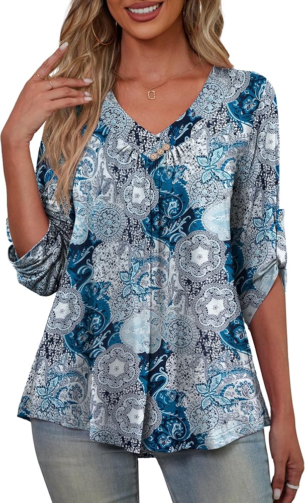 Womens Plus Size 3/4 Roll Sleeve Blouses V Neck Casual Tunic Tops